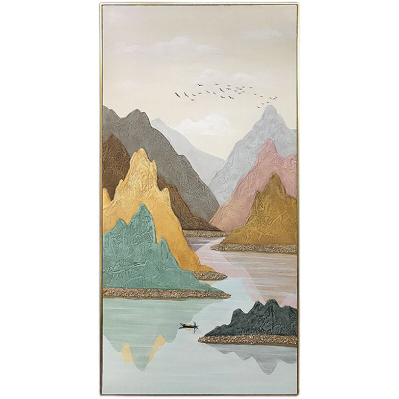 手绘入户玄关山水风景油画新中式