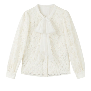 秋水伊人休闲风h型蕾丝温柔上衣2026年春季新款柔美飘带优雅衬衫