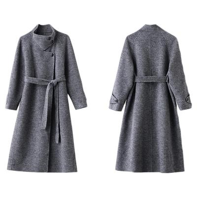 灰色双面羊绒大衣女中长款2025冬季新款立领系带收腰显瘦毛呢外套