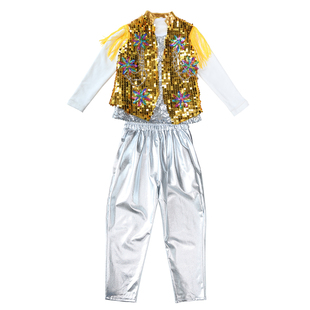 儿童亮片架子鼓爵士舞演出服男童长袖加绒加厚马甲套装冬季表演服