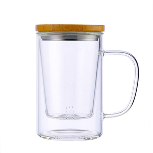 透明玻璃杯家用花茶杯耐热过滤带把手男女办公杯竹木盖茶水分离杯