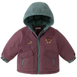 戴维贝拉儿童羽绒服2026冬装新男童三防透湿连帽撞色工装厚款外套