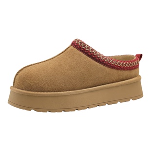 厚底增高真皮加绒加厚雪地靴女一脚蹬鞋口编织棉鞋低帮短靴男秋冬