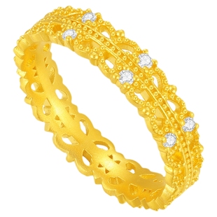 潮宏基非遗花丝千金黄金钻石戒指足金戒圈手饰5G金CNC复古蕾丝