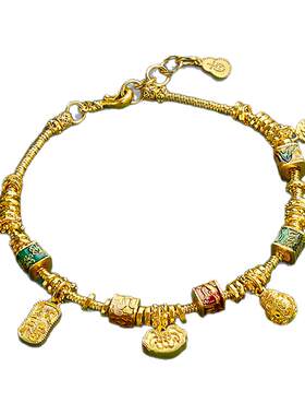 金五行乾坤祥瑞黄金手链女古法福牌长命锁葫芦盘缠金手链礼物