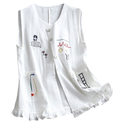 撞色刺绣压褶花边圆领单排扣马夹