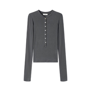 TINGE贴己亨利领天丝修身上衣女打底衫贝壳扣显瘦薄款长袖针织衫