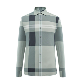 BONI/堡尼春夏商务正装灰绿色方领格纹锦纶混纺长袖衬衫GR245291B