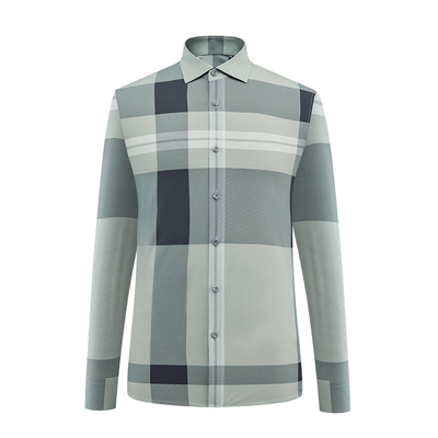 BONI/堡尼春夏商务正装灰绿色方领格纹锦纶混纺长袖衬衫GR245291B