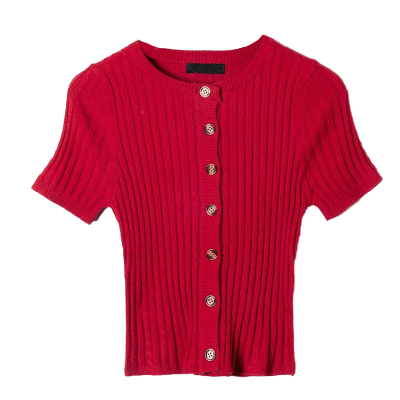 WSSTUDIOS复古麻花条纹单排扣圆领修身短款短袖针织衫上衣开衫T恤