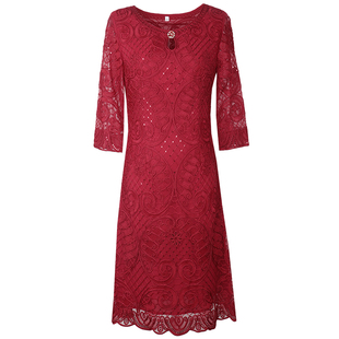 喜婆婆婚庆大气礼服秋春岳母婚宴会红色妈妈装中年女士高贵连衣裙