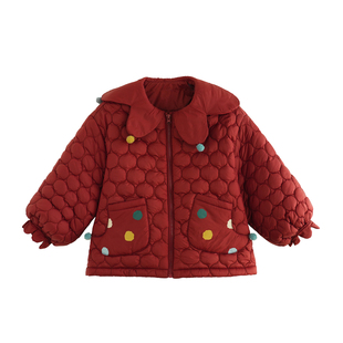 砚台家女童加绒保暖红色夹棉外套冬装新款宝宝可爱卡通加厚棉衣服