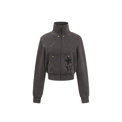 F383美式复古铆钉做旧泼墨外套