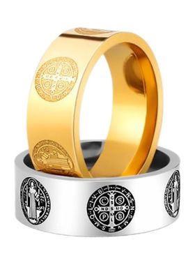 男女圣本笃会十字架钛钢光面戒指