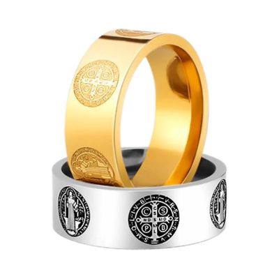 男女圣本笃会十字架钛钢光面戒指