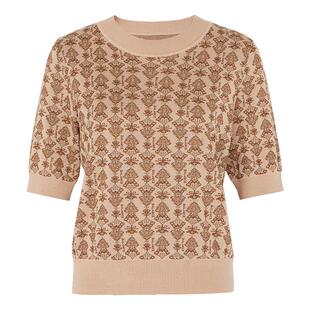 马天奴女装冬季新款莱赛尔针织衫短袖圆领提花小衫套头上衣