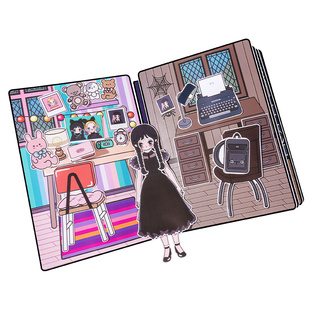 贴纸画女孩儿童公主换装玩具黑色星期三安静书卡通手工粘贴化妆书