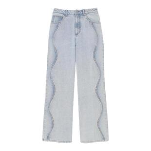 SANDRO2025秋冬女装法式时尚棉质浅蓝色仿钻水波纹阔腿牛仔裤长裤