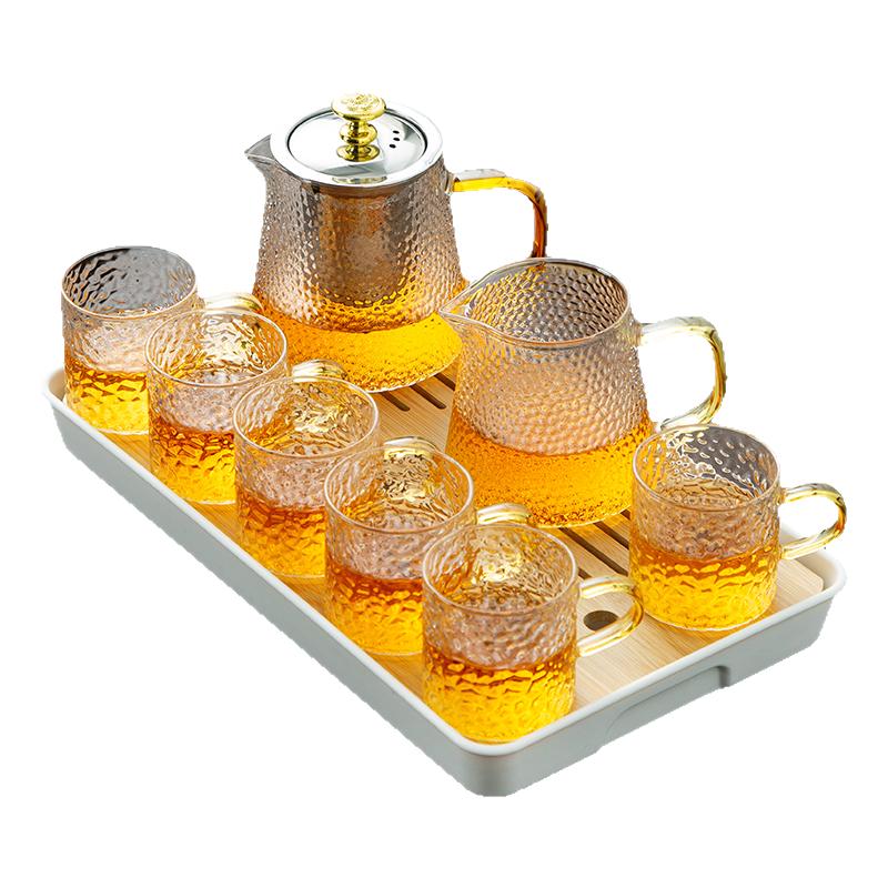耐热玻璃锤纹功夫茶具套装竹茶盘