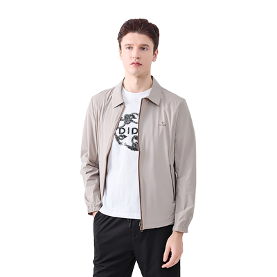 【轻盈舒弹】DIDIBOY春季男士薄款翻领拉链浅卡其色夹克短款外套