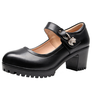 伊霖斯薇中老年旗袍模特走秀鞋防水台高跟厚底粗跟真皮圆头单鞋女