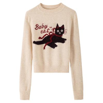 原创猫咪图案毛衣女简约圆领
