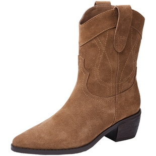 百田森百田森美拉德靴子2025新款秋冬短靴女V口雕花西部牛仔靴