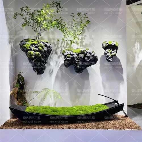 定制小木船仿古乌篷船摄影道具造景实木青苔藓景观装饰摆件造型船