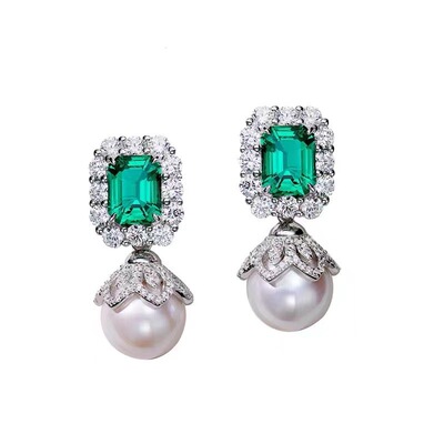 时尚简约蕾丝轻奢珍珠耳坠气质祖母绿珍珠法式高档女锆石银针耳环