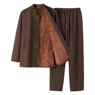 秋冬款唐装男中老年中式服装加绒保暖套装古风男装爸爸装爷爷衣服