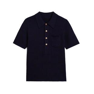 Basic House/百家好法式黑色POLO领针织短袖T恤女夏季半开领上衣