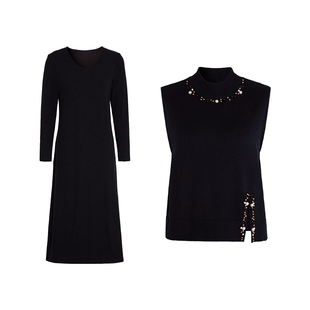 马天奴2026春夏新款黑色高领钉珠针织马甲长袖连衣裙子两件套装女