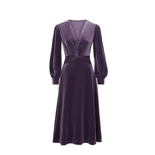 青的衣橱 珠宝人辫子同款Chings法式复古灯笼袖高腰丝绒V领连衣裙