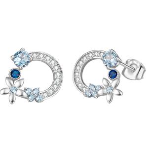 梦金园蓝色锆石纯银耳钉S925小清新花环银首饰小众高级生日礼物