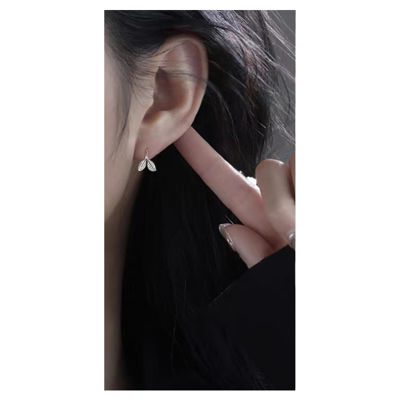 999足银小嫩芽耳钉女纯银树叶耳饰睡觉免摘耳骨钉2026新款潮耳环