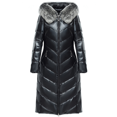 娜朵伊莲通勤羊皮中长款连帽毛领