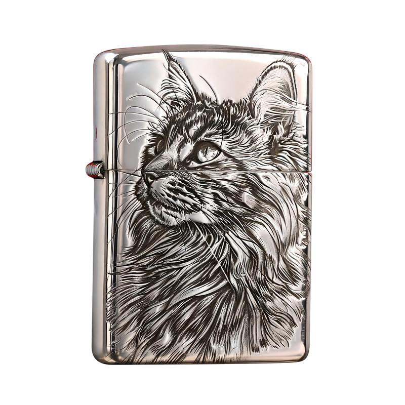 Zippo镀银仰望猫双面浮雕送礼