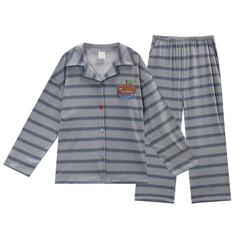 Gukoo/果壳情侣睡衣春秋款条纹简约新款德绒男女同款家居服套装C