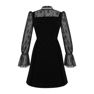 蕾丝拼接喇叭袖收腰连衣裙女装显瘦气质赫本风亮片丝绒小黑裙短款