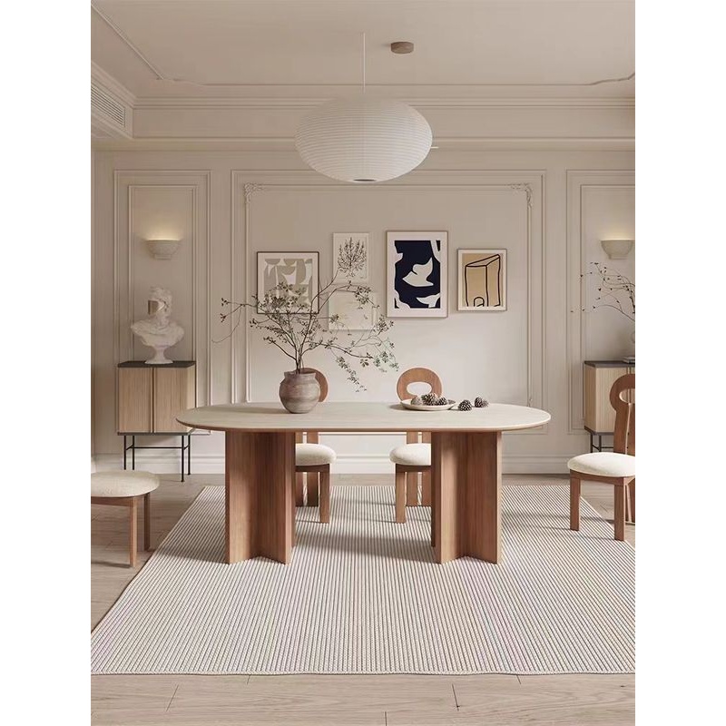 法式奶油风洞石岩板餐桌餐厅家用小户型饭桌椭圆形实木餐桌椅组合