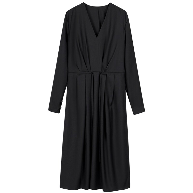 LESS秋冬绵羊毛精纺连衣裙V领气质收腰高智感长袖裙子2O0G14440