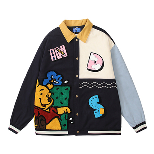SUICHAO 美式复古小熊维尼植绒拼接夹克外套校园风童趣休闲棉服男