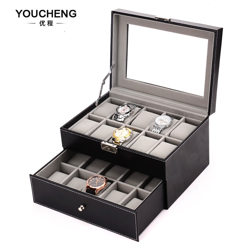 现货批发双层手表盒内灰手表绒位20收纳盒盒手表皮革盒手表pu