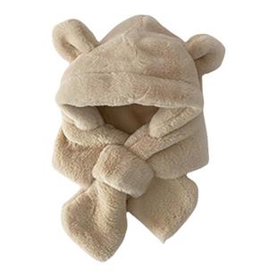 婴儿帽子围巾一体冬季加厚毛绒保暖婴幼儿宝宝纯色小熊韩版护耳帽