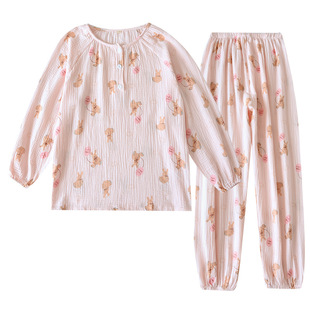 睡衣女纯棉春秋薄款长袖长裤家居服套装大码宽松绉纱泡泡纱家居服