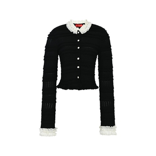 lefame拉飞姆秋季浪漫层叠荷叶黑色针织开衫上衣