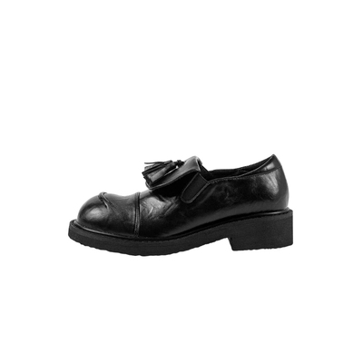 Miaolv College韩版厚底乐福鞋女黑色蝴蝶结圆头百搭学院风小皮鞋