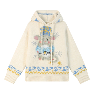 江南先生NewJNXS仿貂毛企鹅绒混纺提花连帽费尔岛风宽松毛衣男女