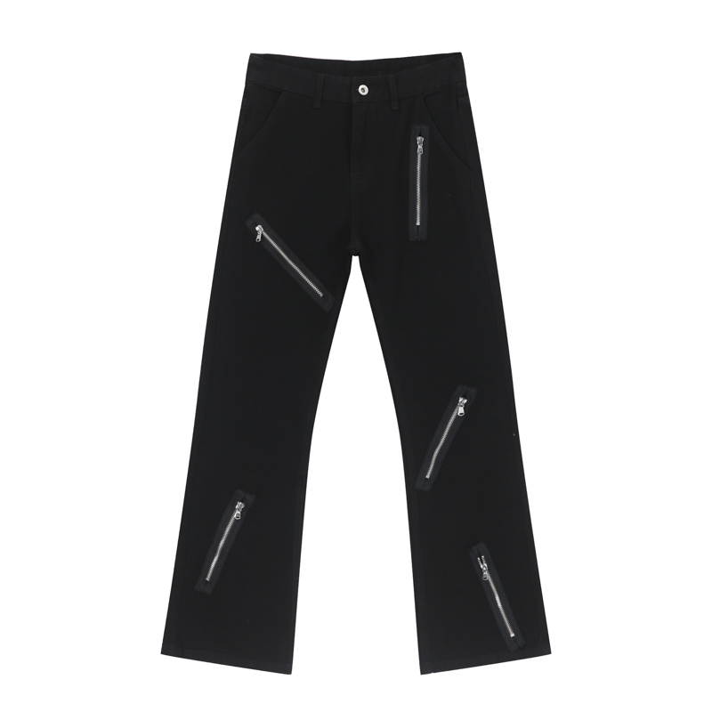 Voguo Relay 原创暗黑宽松微喇叭黑色牛仔裤多拉链设计感男女裤子