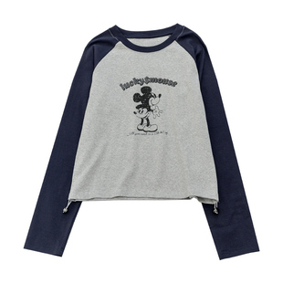 KNgs 秋季日系学院风拼接美式插肩袖米奇印花长袖圆领打底衫t恤女